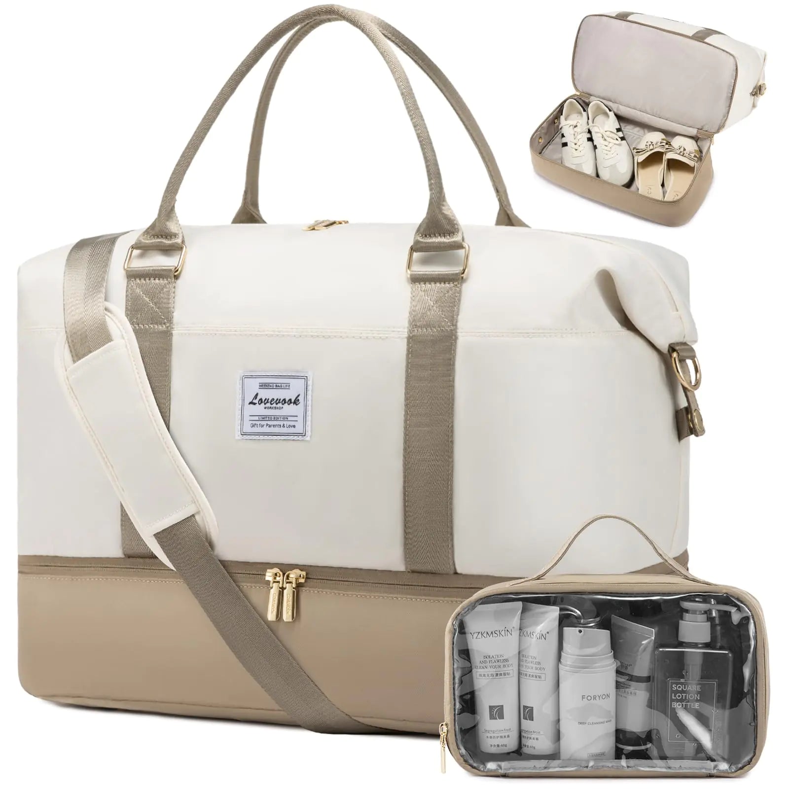 Women’s Travel Tote Bag with Shoe Compartment & Toiletry Bag