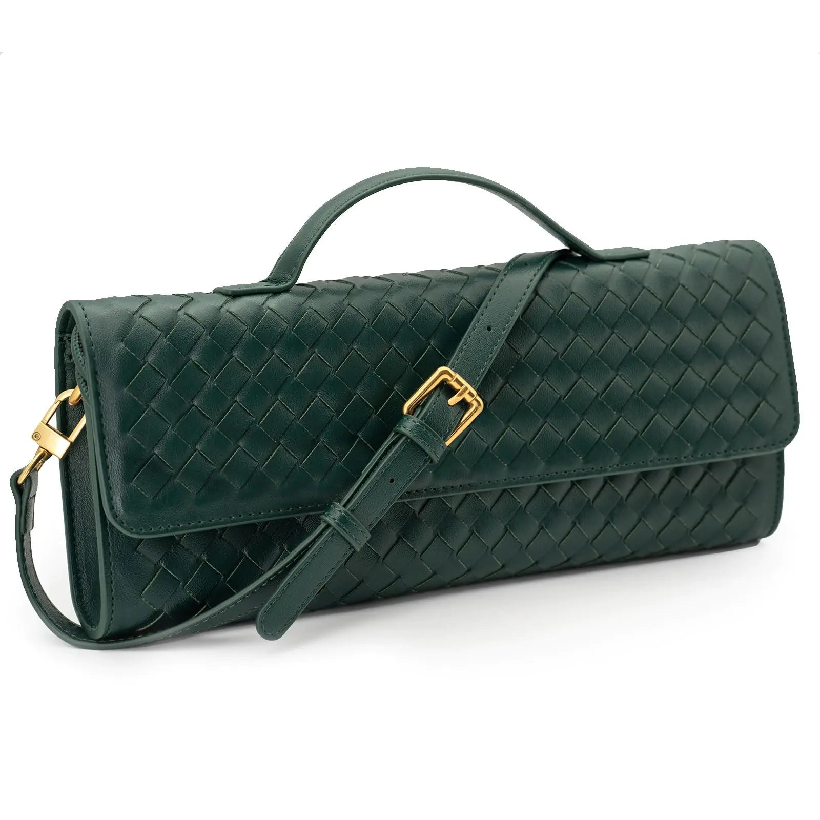 Woven Clutch Purse Ladies Top Handle Handbag Leather Crossbody Shoulderbag with Detachable Strap (Dark Green)
